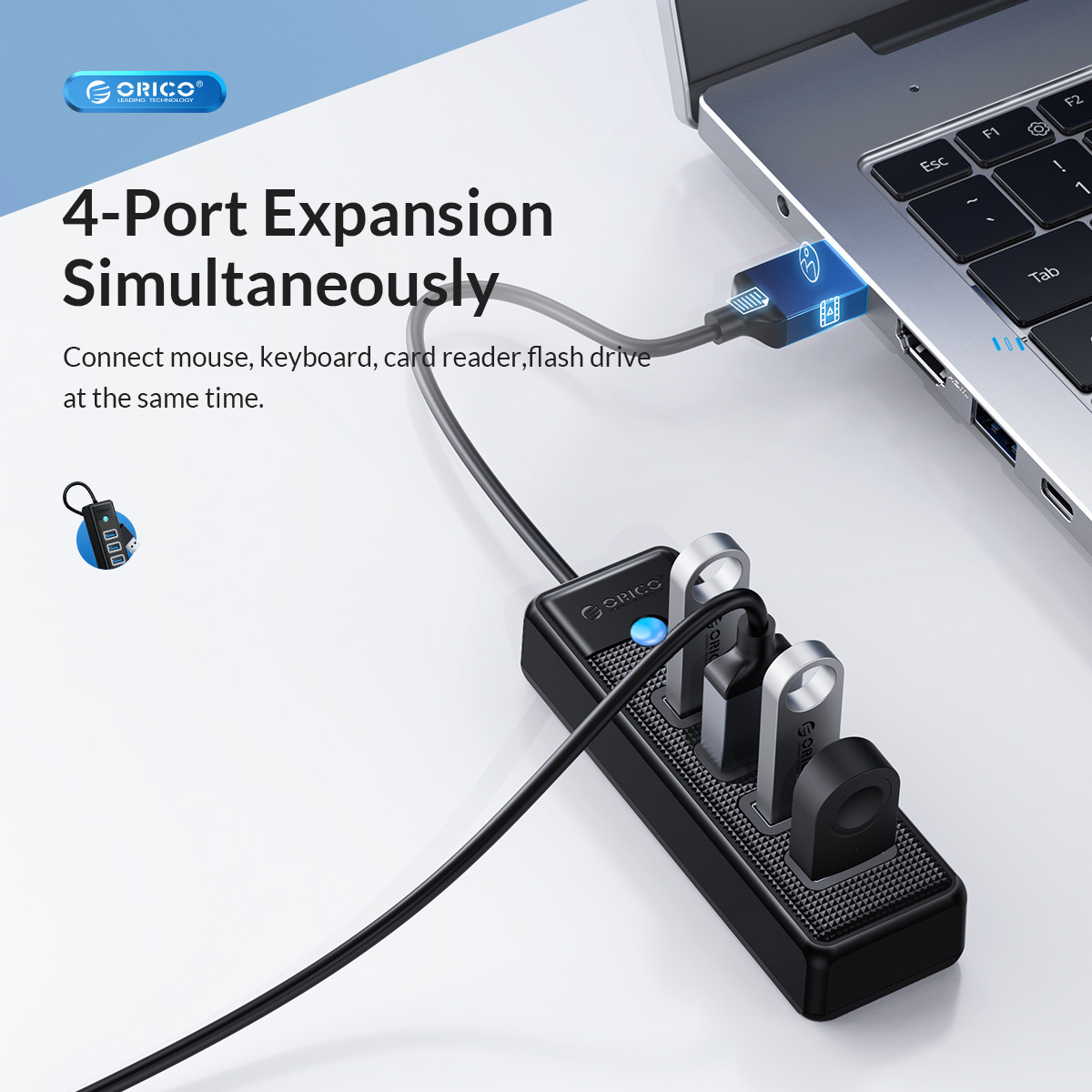 A large marketing image providing additional information about the product Orico 4 Ports USB-A To USB3.0 HUB - Additional alt info not provided